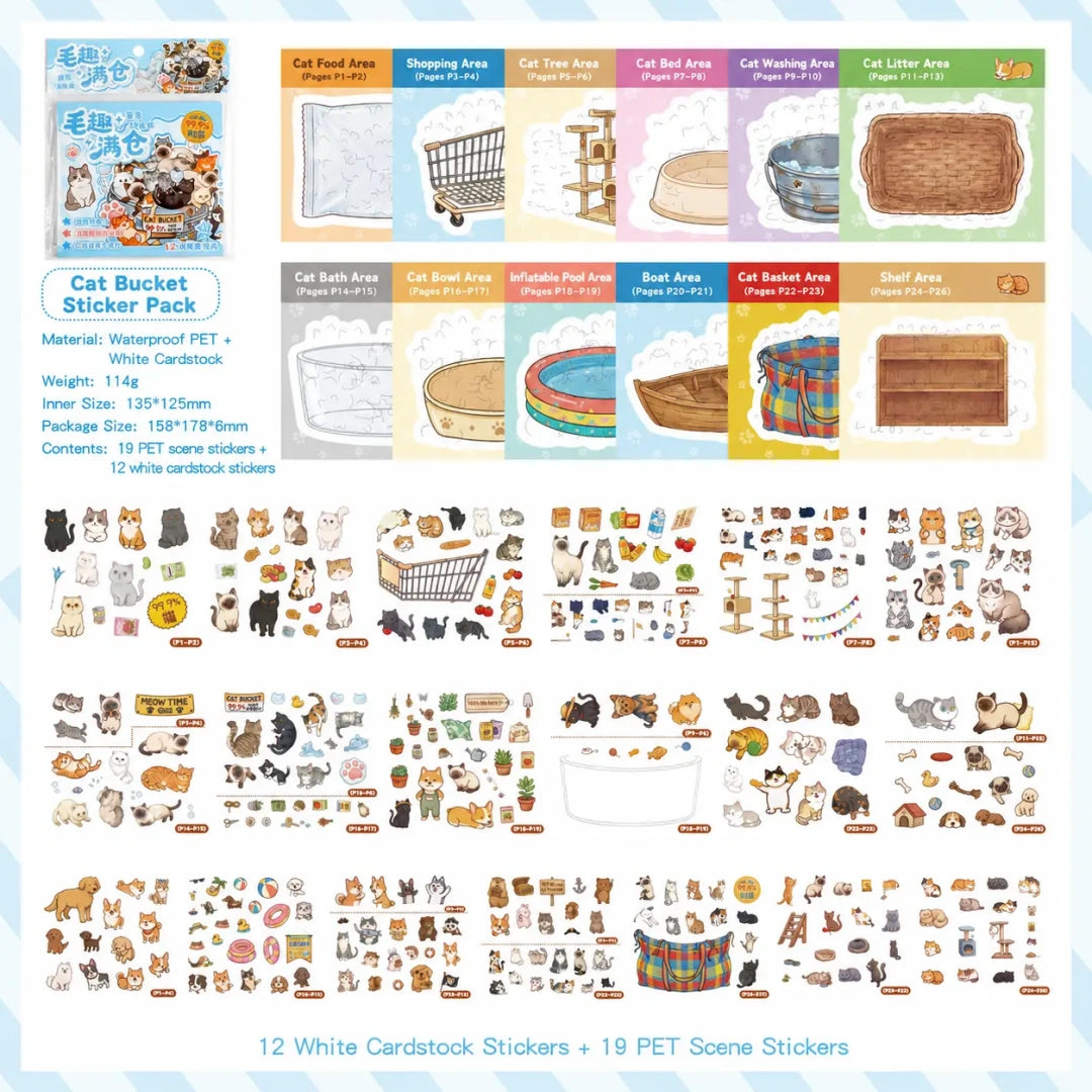 Cat Bucket scene sticker kit contents with cat scene sheets and PET sticker pieces