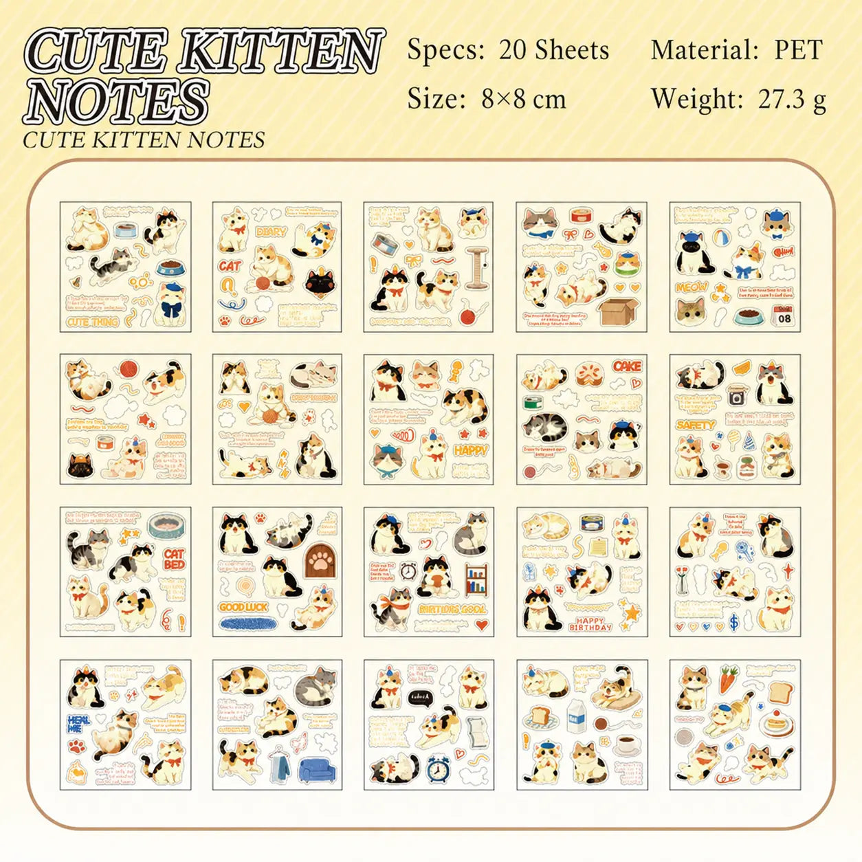 Cute Kitten Notes sticker sheet preview from the Cat Diary Journaling Sticker Set