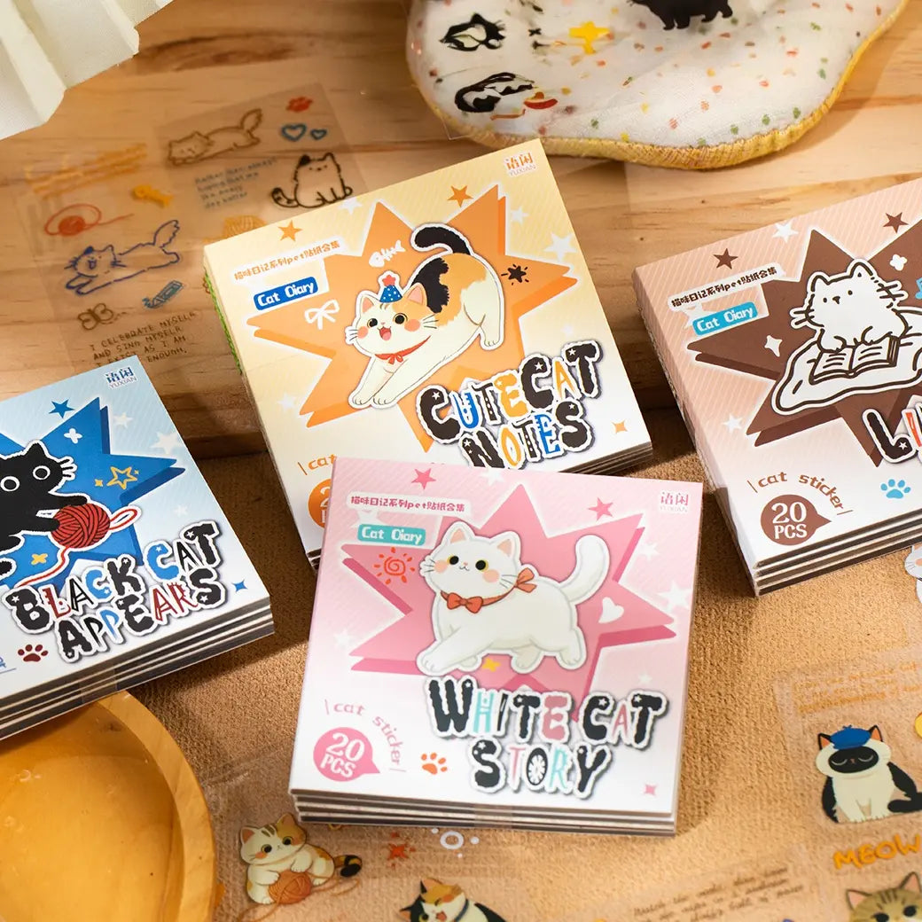 Cat Diary Journaling Sticker Set with four cat-themed sticker packs displayed together
