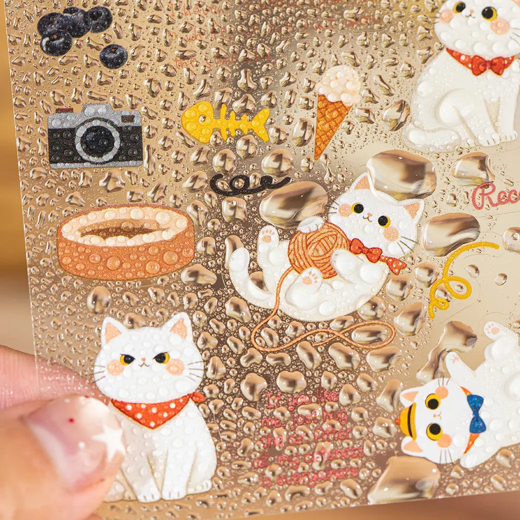 Close-up of a white cat PET sticker sheet from the Cat Diary Journaling Sticker Set