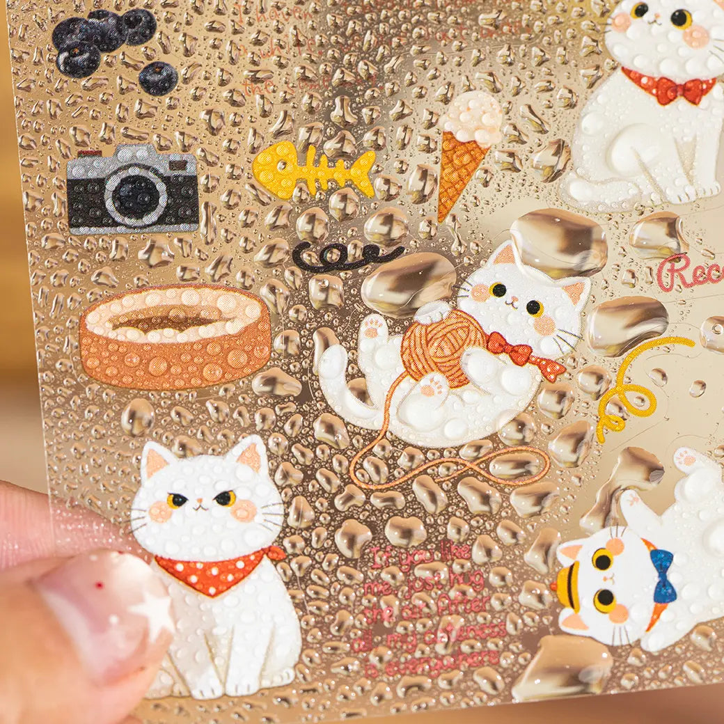 Close-up of a white cat PET sticker sheet from the Cat Diary Journaling Sticker Set