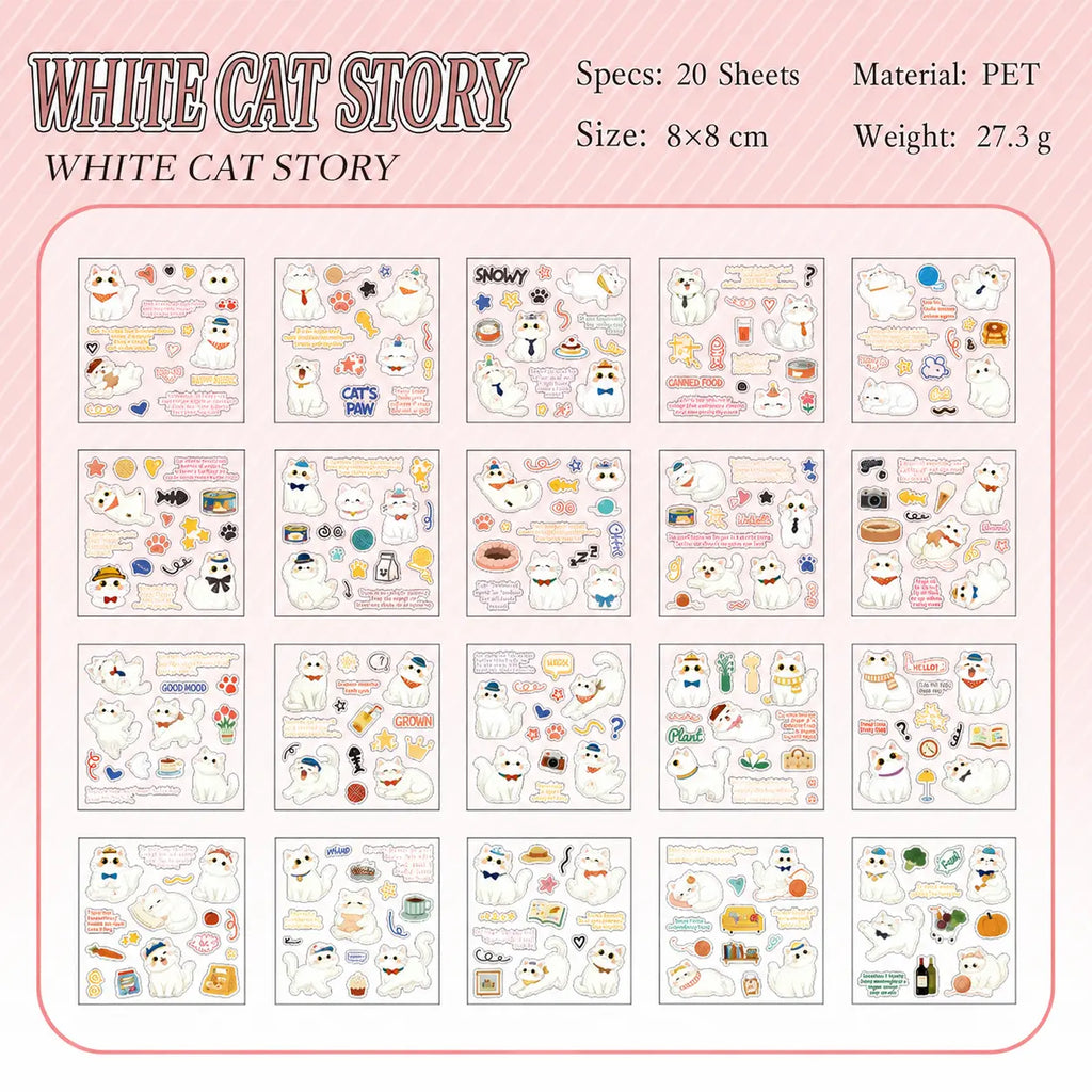 White Cat Story sticker sheet preview from the Cat Diary Journaling Sticker Set