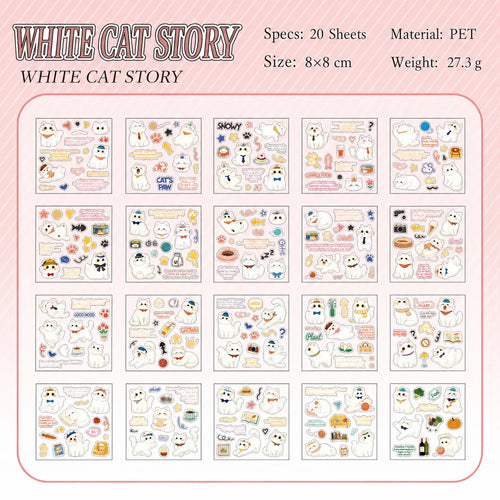 White Cat Story sticker sheet preview from the Cat Diary Journaling Sticker Set