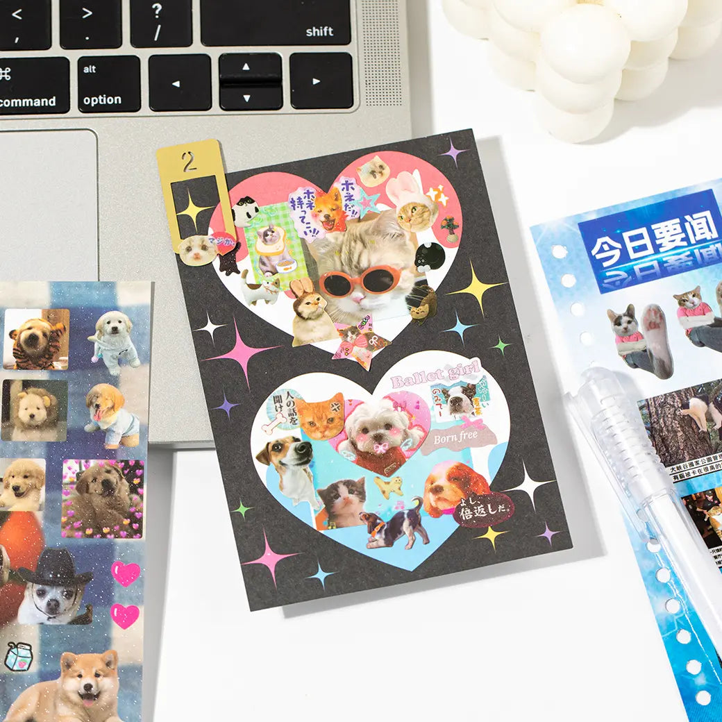 Cat and dog stickers used on a heart-shaped collage card