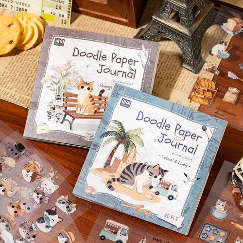 Cat Doodle Paper Journal Sticker Set with two themed packs, Vintage Elegance and Daily Serenity