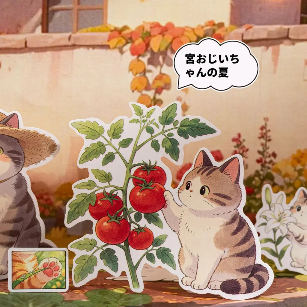 Close-up of an outdoor Cat Journey sticker scene with a cat beside a tomato plant and garden background