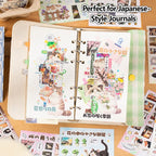 Cat Journey stickers used in a Japanese-style journal spread with cats, flowers, seasonal details, and layered collage elements