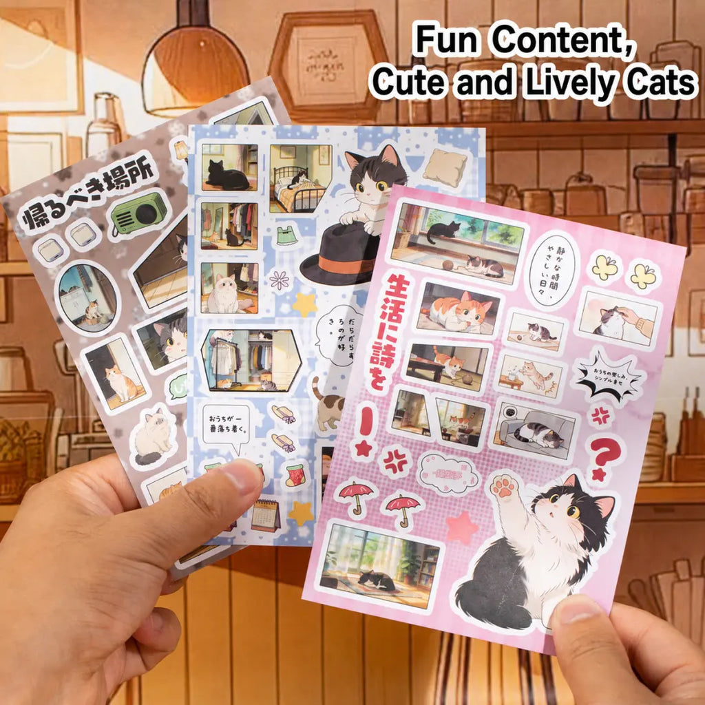 Three Cat Journey sticker sheets held by hand showing cozy cat scenes, room corners, windows, and Japanese-style decorative text