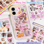 Cat’s Day stickers used to decorate a phone case with pink cat photos, hearts, bows, and small decorative accents