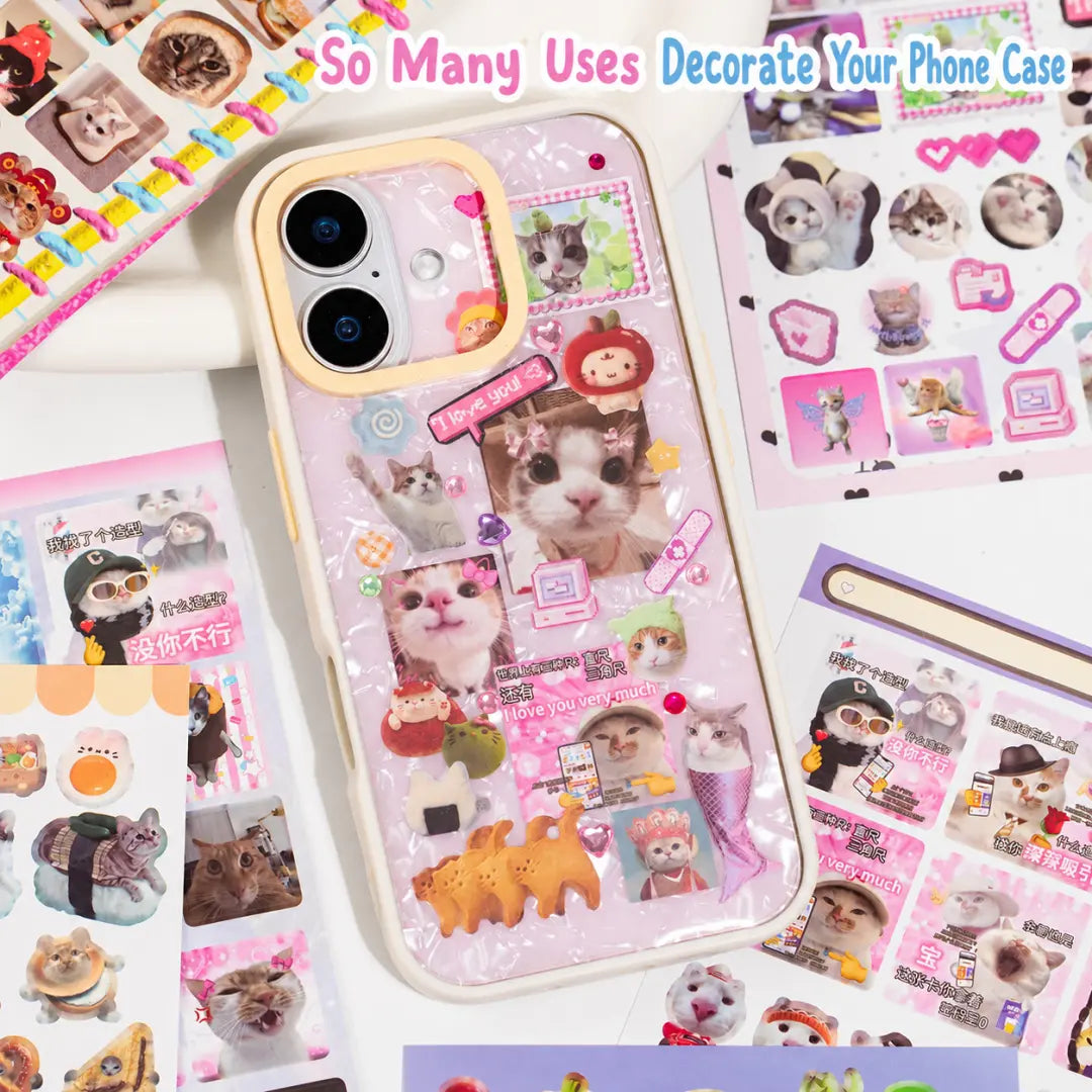 Cat’s Day stickers used to decorate a phone case with pink cat photos, hearts, bows, and small decorative accents