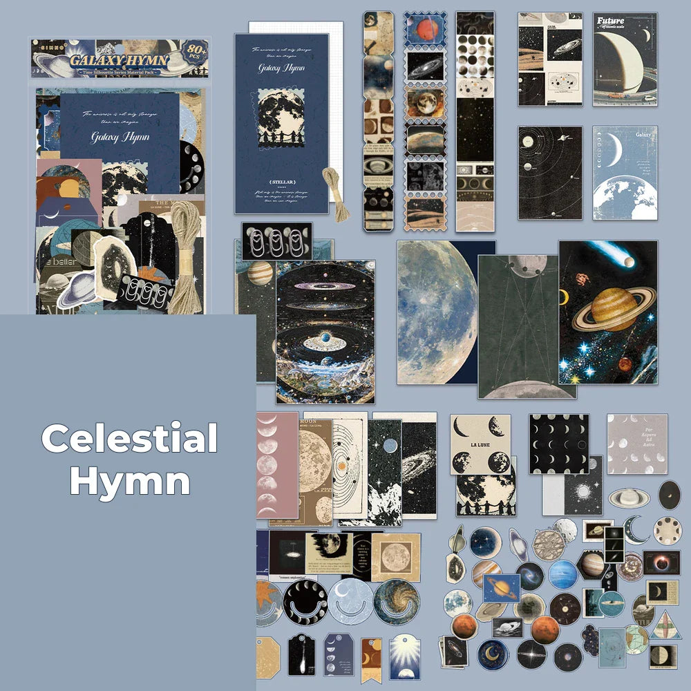 Celestial Hymn Junk Journal Kit flat lay showing the coordinated papers, ephemera, stickers, and craft embellishments included in the set