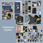 Celestial Hymn Junk Journal Kit flat lay showing the coordinated papers, ephemera, stickers, and craft embellishments included in the set