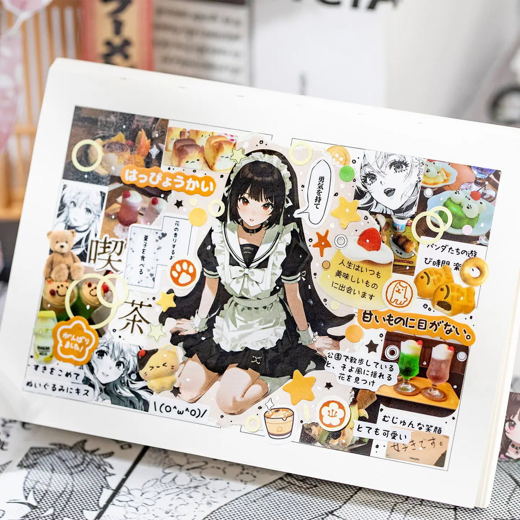 Finished journal collage decorated with an illustrated character, food images, stars, phrases, and small graphic stickers