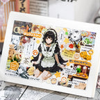 Finished journal collage decorated with an illustrated character, food images, stars, phrases, and small graphic stickers