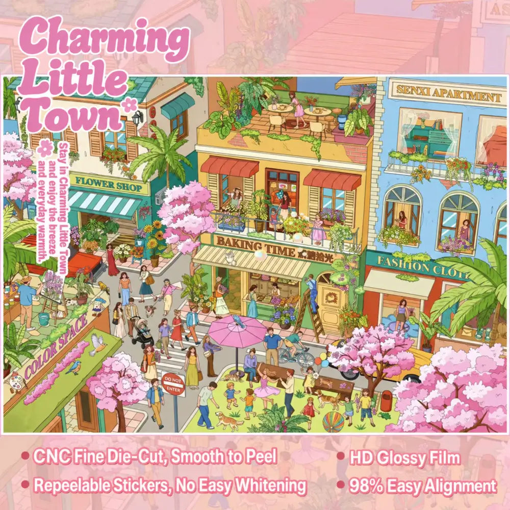 Charming Little Town scene sticker kit with flower shop, bakery, apartment, street scene, and pink blossoms