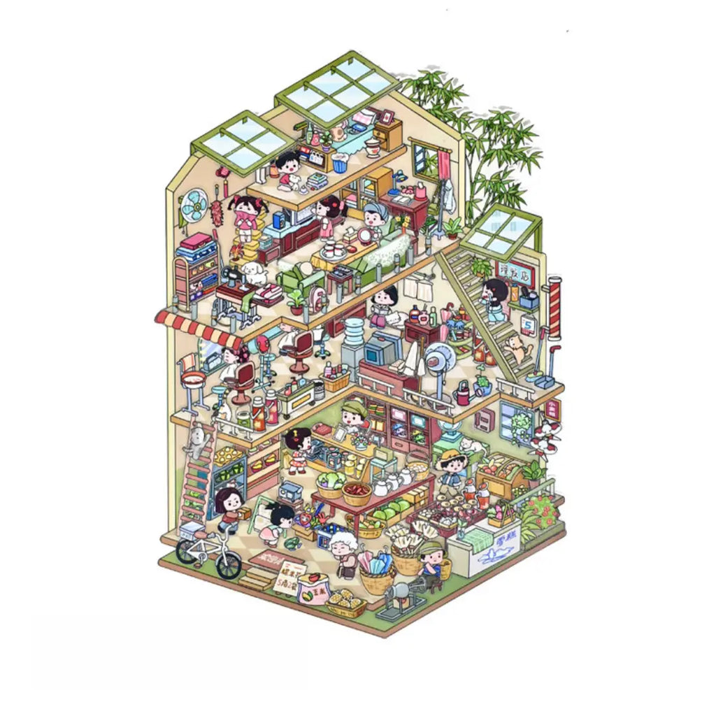 Finished Childhood Time 3D-look house scene with small rooms, daily-life details, people, pets, and shop elements