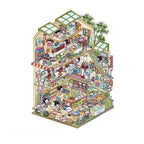Finished Childhood Time 3D-look house scene with small rooms, daily-life details, people, pets, and shop elements