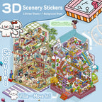 Product overview showing Childhood Time and Villa Move-In 3D scenery sticker kits with two sticker sheets and one background sheet