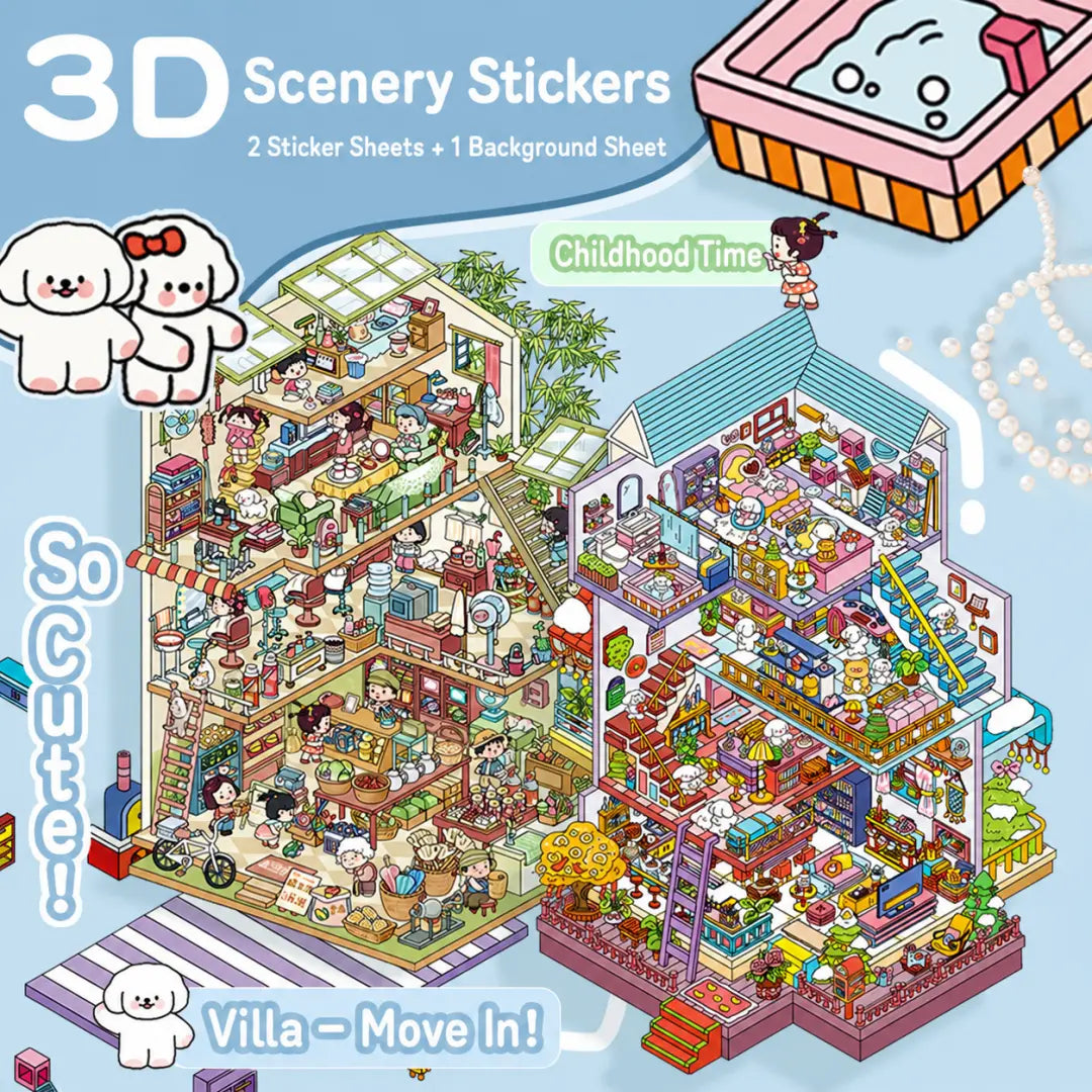 Product overview showing Childhood Time and Villa Move-In 3D scenery sticker kits with two sticker sheets and one background sheet