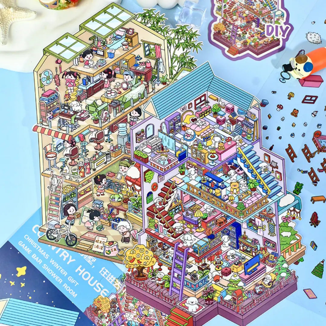 Childhood Time and Villa Move-In 3D-look scene sticker kits displayed together on a blue background