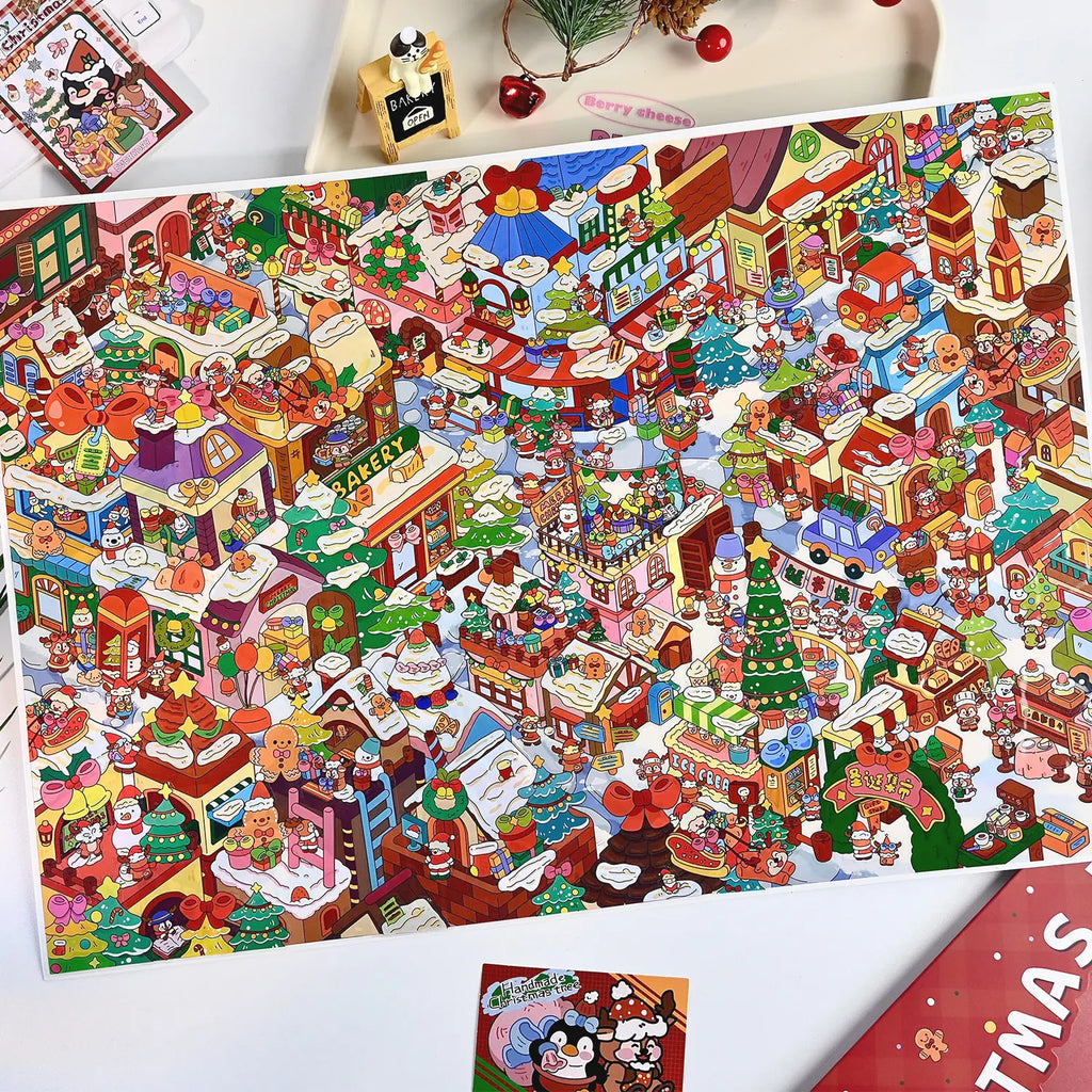 Completed Christmas village scene with snowy shops, decorated trees, Santa figures, gifts, vehicles, and holiday characters