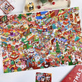 Completed Christmas village scene with snowy shops, decorated trees, Santa figures, gifts, vehicles, and holiday characters