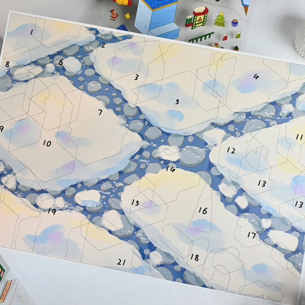 Snowy Christmas village scene card with numbered outlines for guided sticker placement