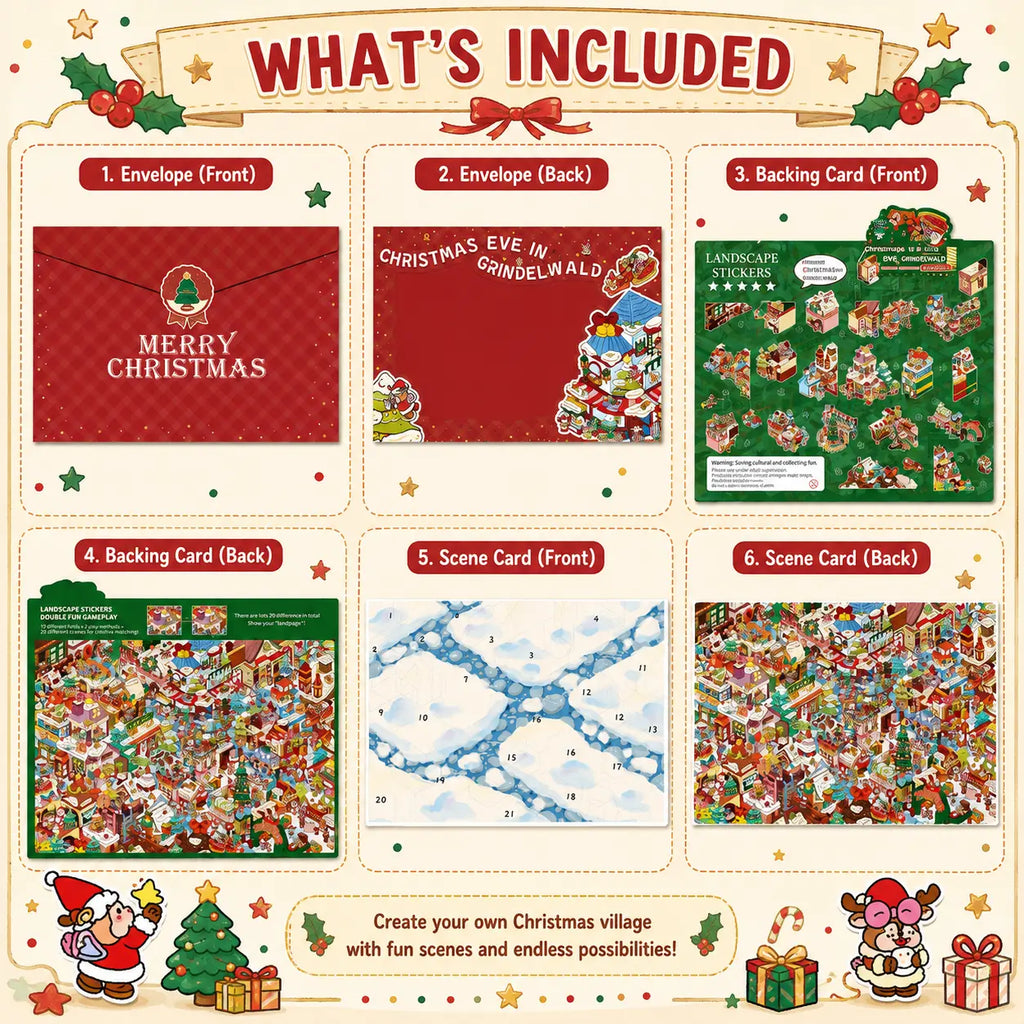 Christmas village scene sticker kit contents including envelope, backing card, double-sided scene card, sticker sheets, and helper guides