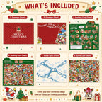 Christmas village scene sticker kit contents including envelope, backing card, double-sided scene card, sticker sheets, and helper guides