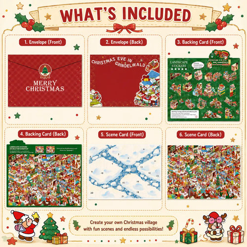 Christmas village scene sticker kit contents including envelope, backing card, double-sided scene card, sticker sheets, and helper guides