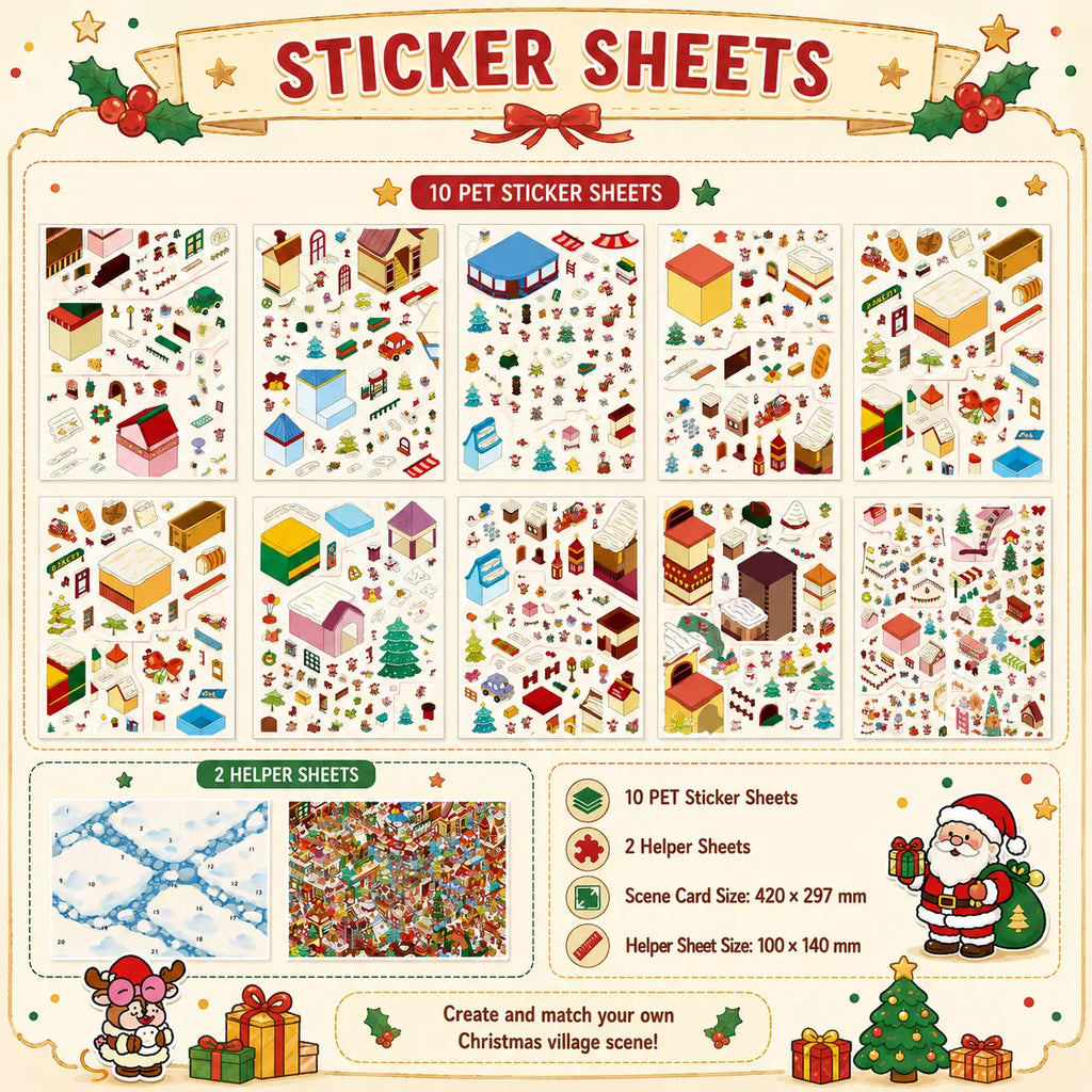 Ten transparent Christmas sticker sheets and two numbered helper sheets for building a miniature holiday village scene