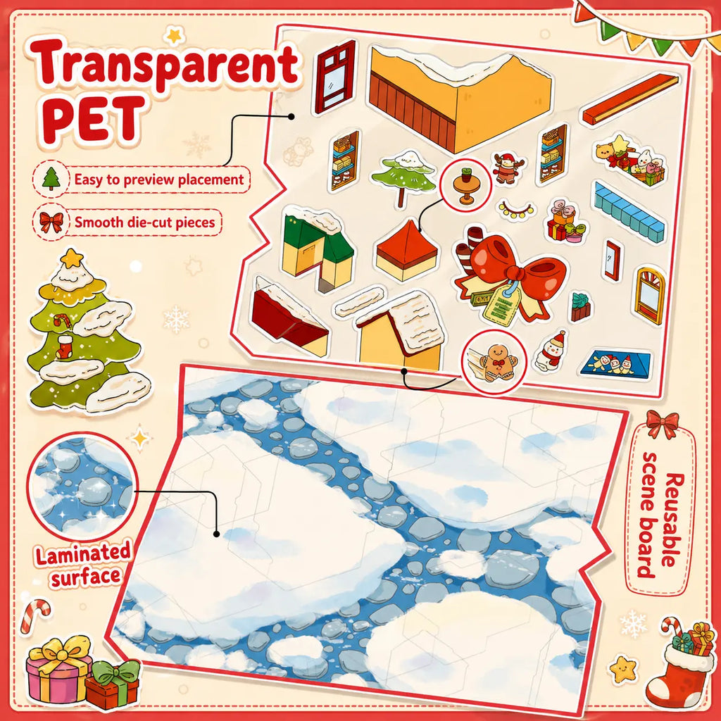 Transparent pre-cut Christmas stickers shown with the laminated snowy village scene card