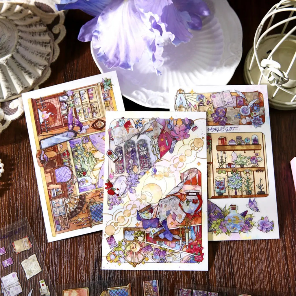 Chronicle of Time finished scene cards with purple fantasy room and decorative object designs