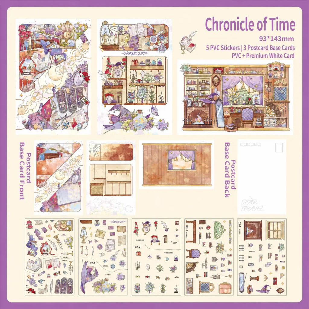 Chronicle of Time 3D scene sticker kit overview with PVC sticker sheets and postcard base cards