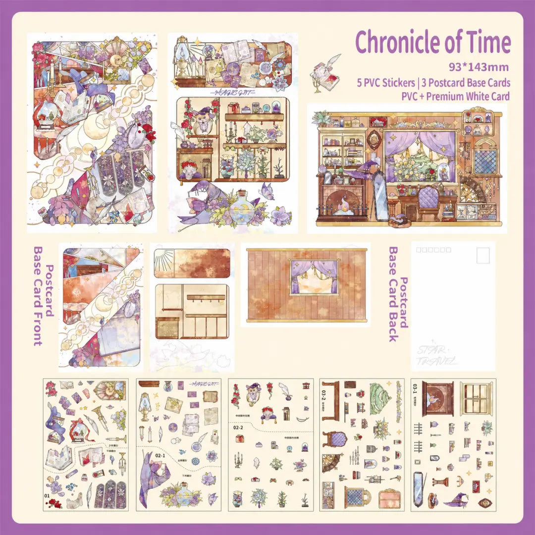 Chronicle of Time 3D scene sticker kit overview with PVC sticker sheets and postcard base cards