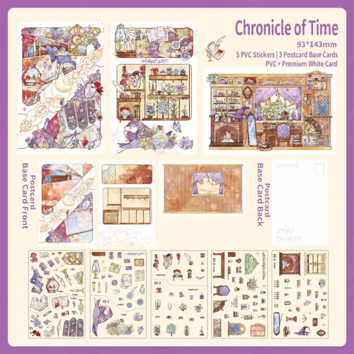 Chronicle of Time 3D scene sticker kit overview with PVC sticker sheets and postcard base cards