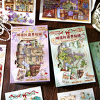 Chronicle of Time and Star Travel Wonders 3D scene sticker kit set with two postcard-style packages on a wooden desk