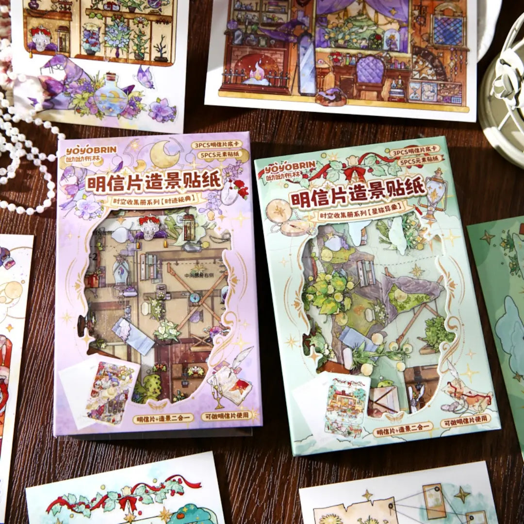 Chronicle of Time and Star Travel Wonders 3D scene sticker kit set with two postcard-style packages on a wooden desk