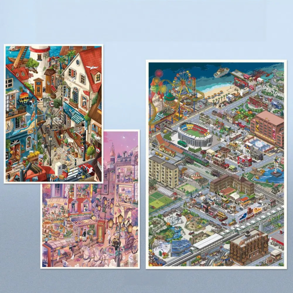 Full set display of City, Seaside and Dusk Scene Sticker Kit with Cool Town, Seaside Noon and Moscow at Dusk styles