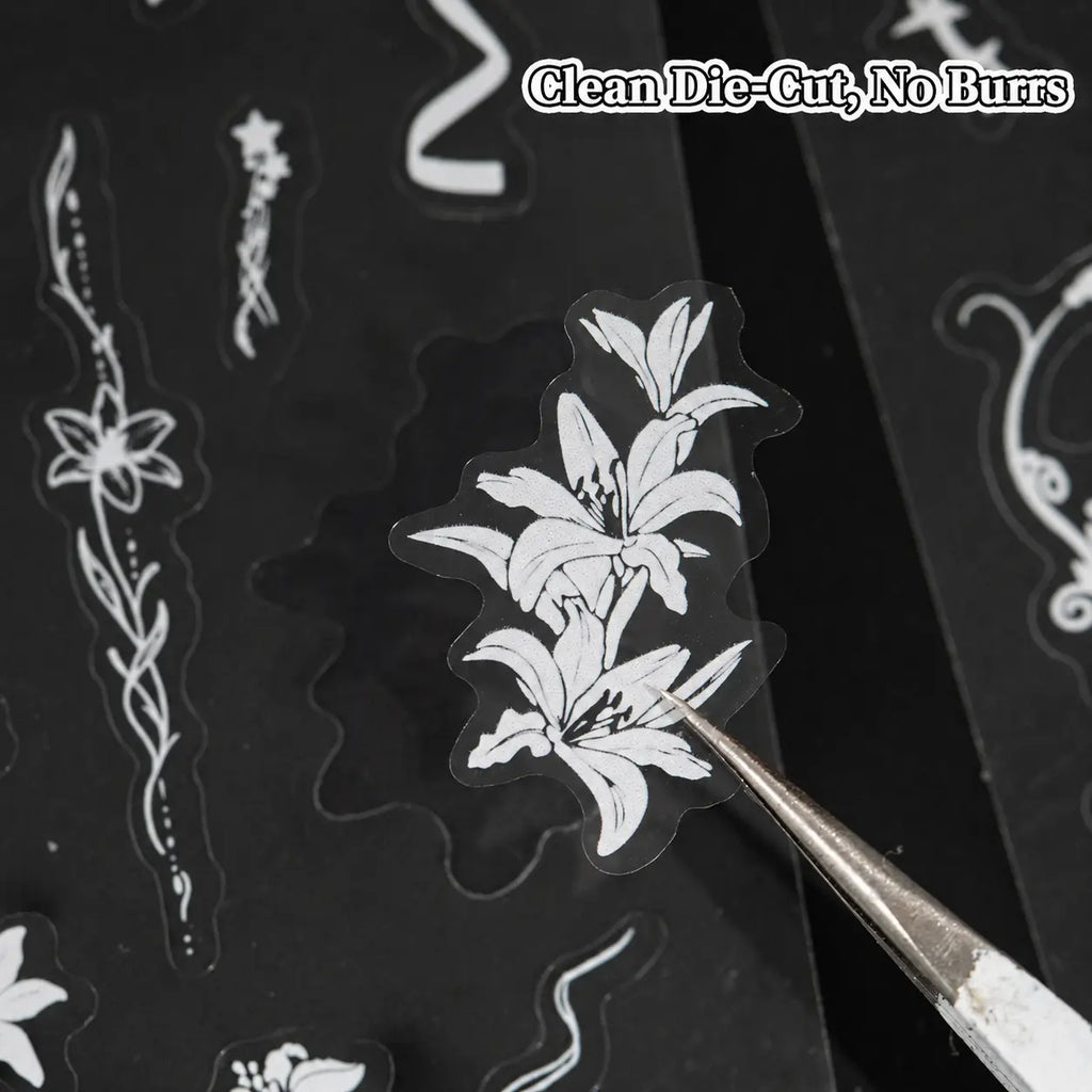 Close-up of a white floral PET sticker with clean die-cut edges