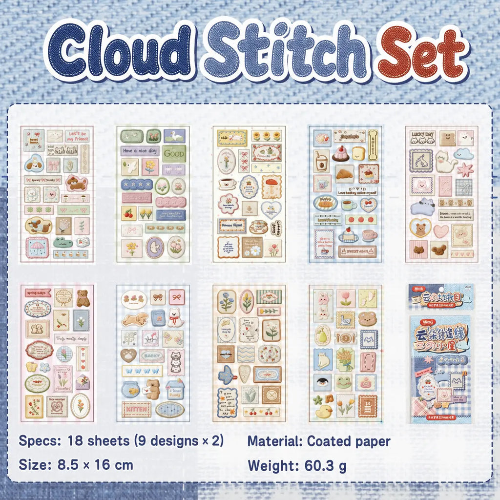 Cloud Stitch set with 18 coated-paper sticker sheets featuring cats, flowers, desserts, bows, and pastel patch-style designs