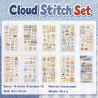 Cloud Stitch set with 18 coated-paper sticker sheets featuring cats, flowers, desserts, bows, and pastel patch-style designs