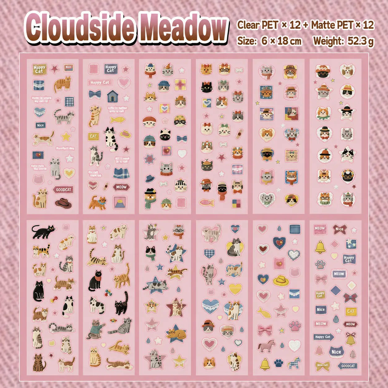 Cloudside Meadow cat journaling sticker sheets with clear and matte PET designs