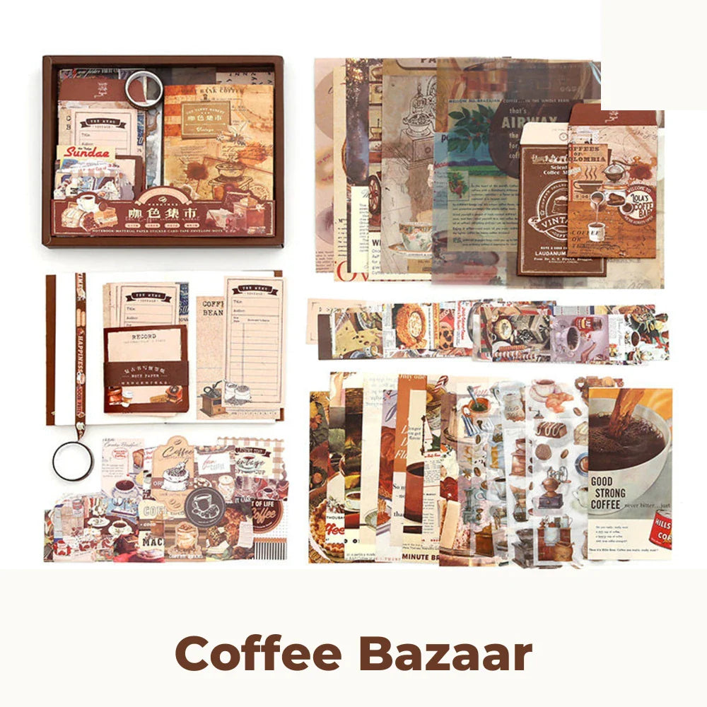 Coffee Bazaar Junk Journal Kit flat lay showing the coordinated papers, ephemera, stickers, and craft embellishments included in the set
