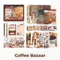Coffee Bazaar Junk Journal Kit flat lay showing the coordinated papers, ephemera, stickers, and craft embellishments included in the set