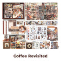 Coffee Revisited Junk Journal Kit flat lay showing the coordinated papers, ephemera, stickers, and craft embellishments included in the set