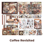 Coffee Revisited Junk Journal Kit flat lay showing the coordinated papers, ephemera, stickers, and craft embellishments included in the set