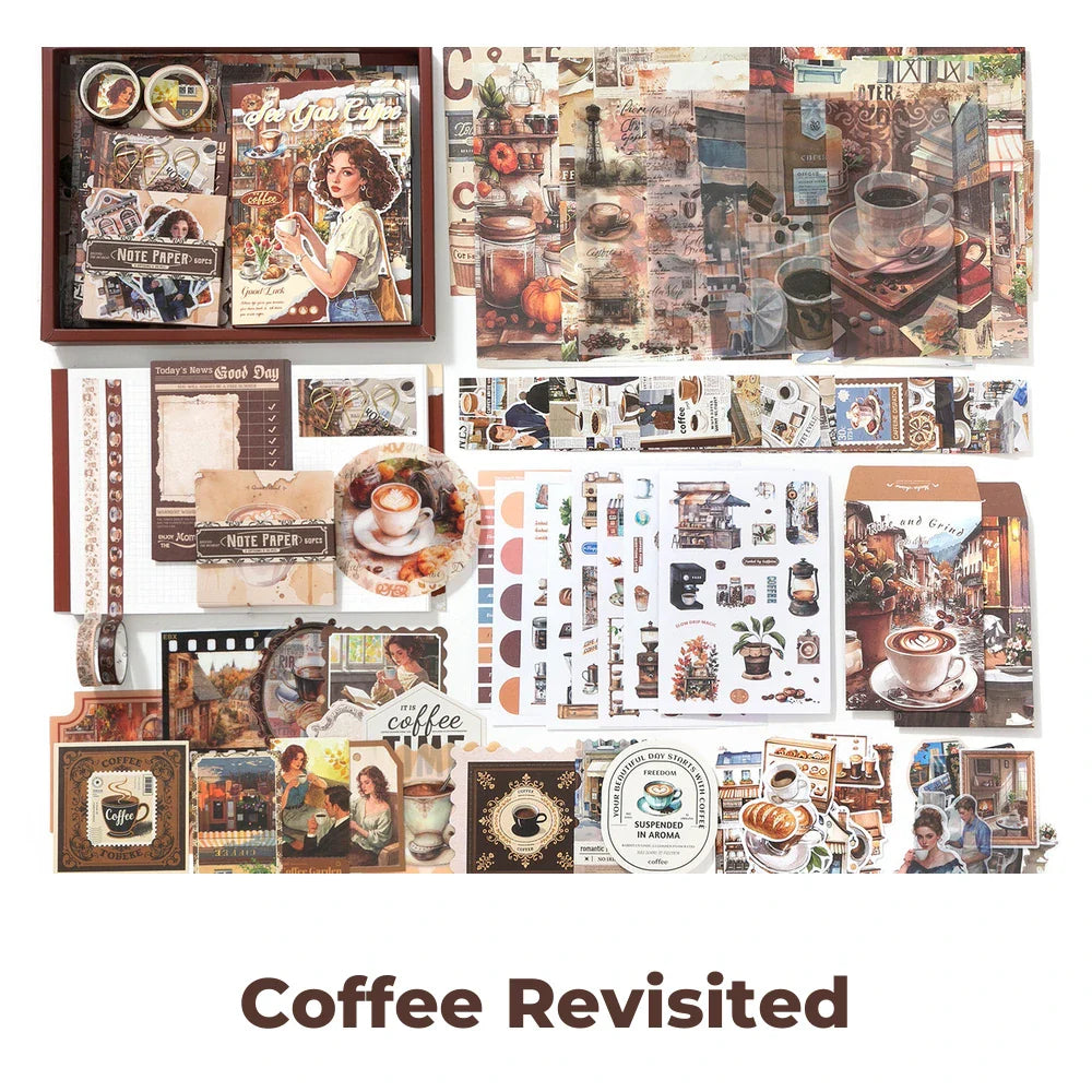 Coffee Revisited Junk Journal Kit flat lay showing the coordinated papers, ephemera, stickers, and craft embellishments included in the set