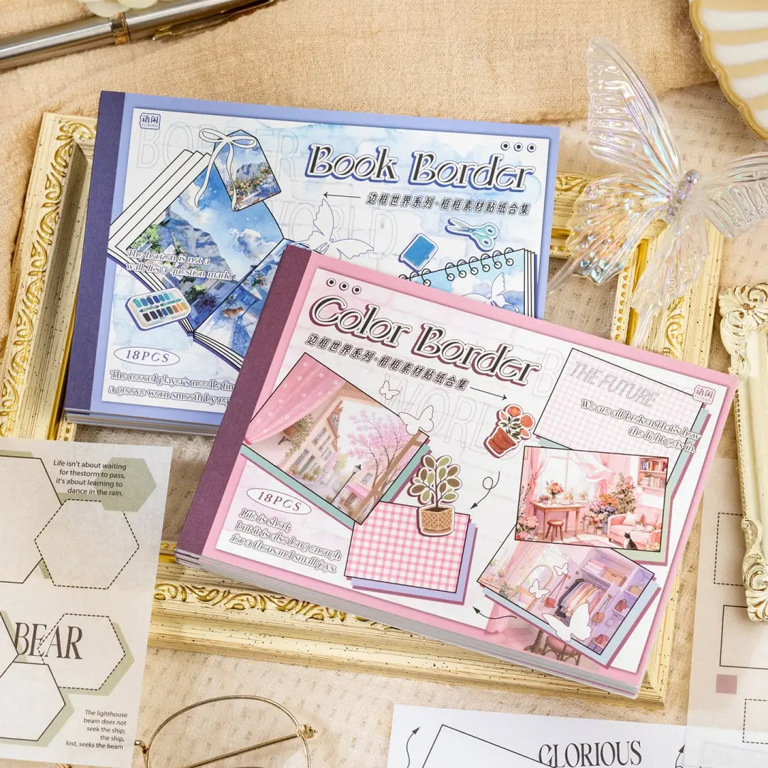 Color Border and Book Border journaling sticker set with two sticker booklets on a vintage desk