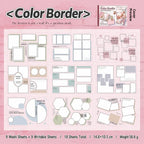 Color Border journaling sticker booklet overview showing 18 sheets with soft frame layouts and writable areas